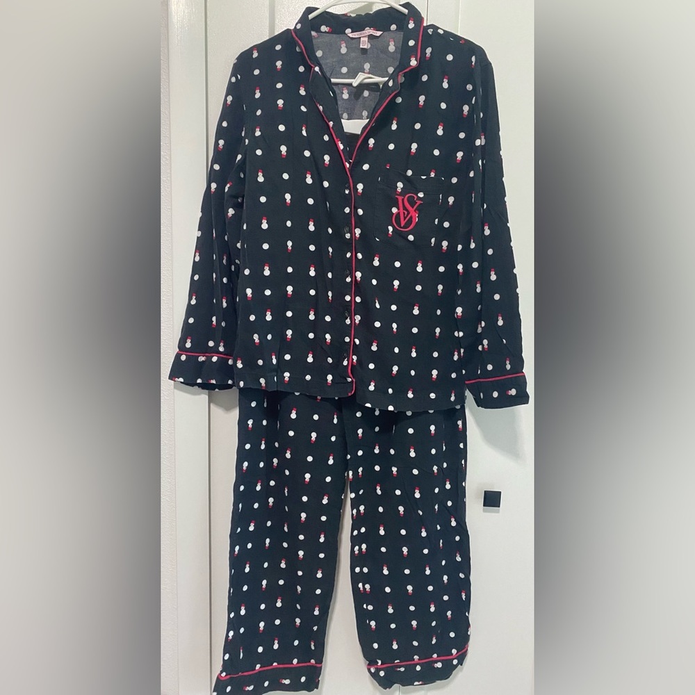 Victoria's Secret Black Polka Dot Snowman Button Down Pajama Set | Size Small - Picture 5 of 9